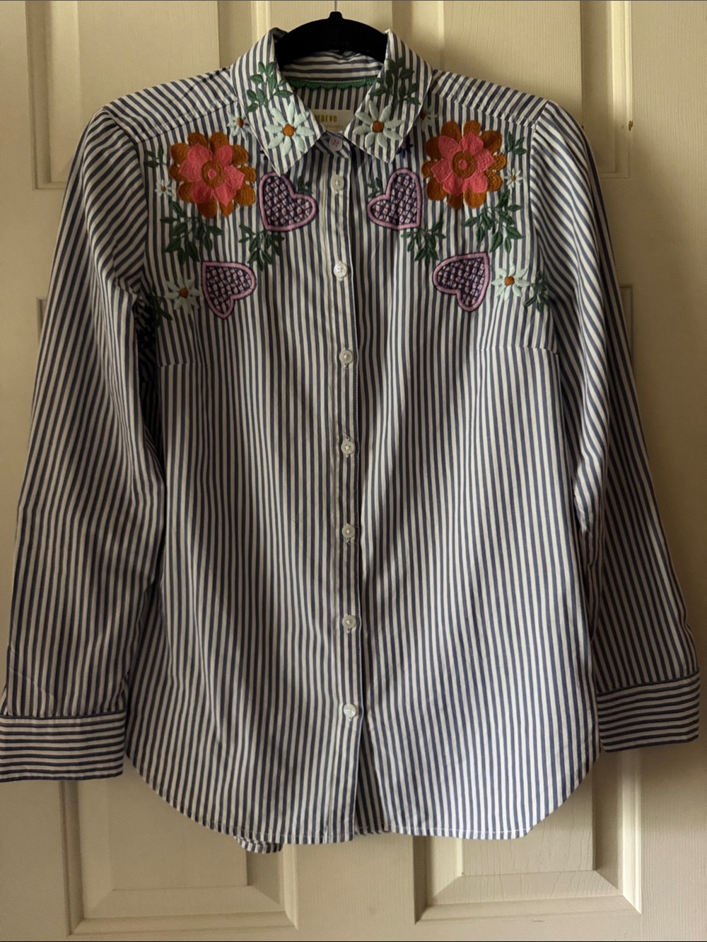 Maeve Blue & White Striped Button-Down with Floral Embroidery